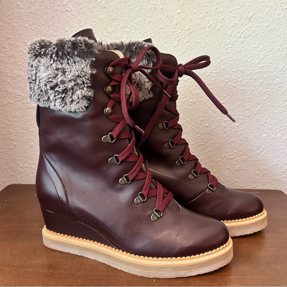 New Bhava Women's size 40 Burgundy Lace-Up Boots wedge faux fur Vegan Ethical